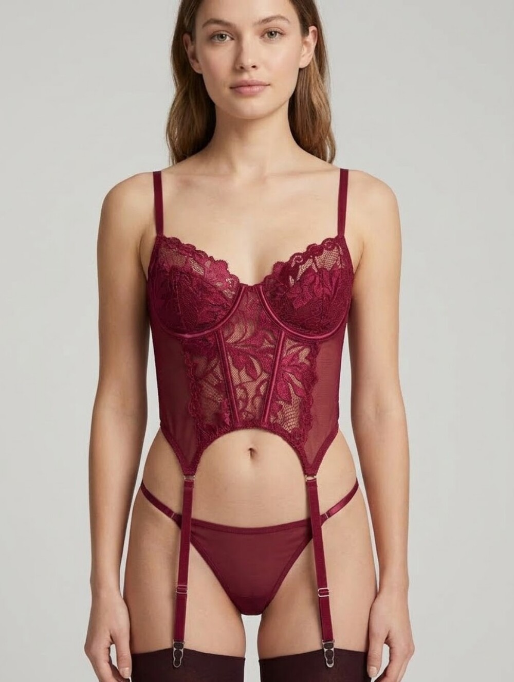 Sheer Lace Garter Burgundy Bustier
